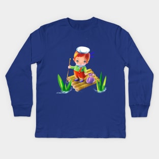 little cartoon boy sailor on a raft Kids Long Sleeve T-Shirt